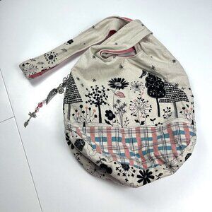 Hand made slouch pouch shoulder cotton bag with bag charm floral design